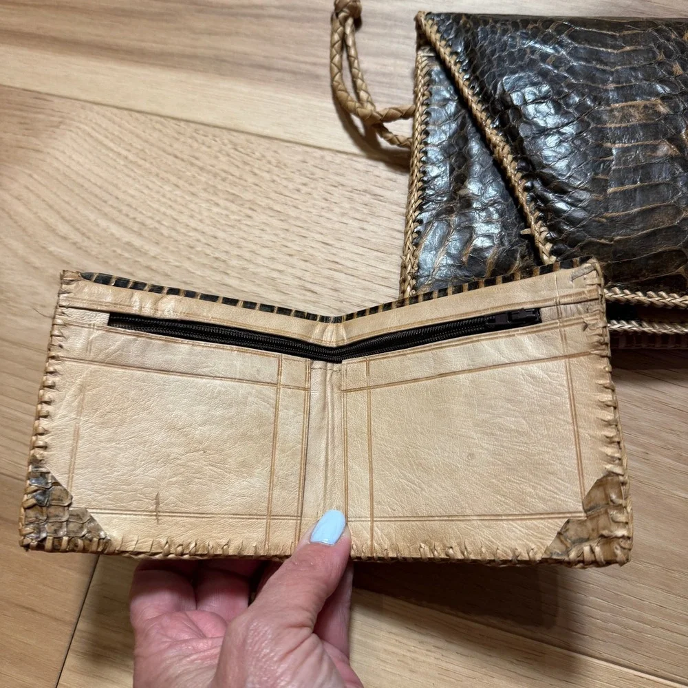 Snakeskin Purse and  Wallet Set. Brown Vintage Hand Crafted Boho Mob Wife